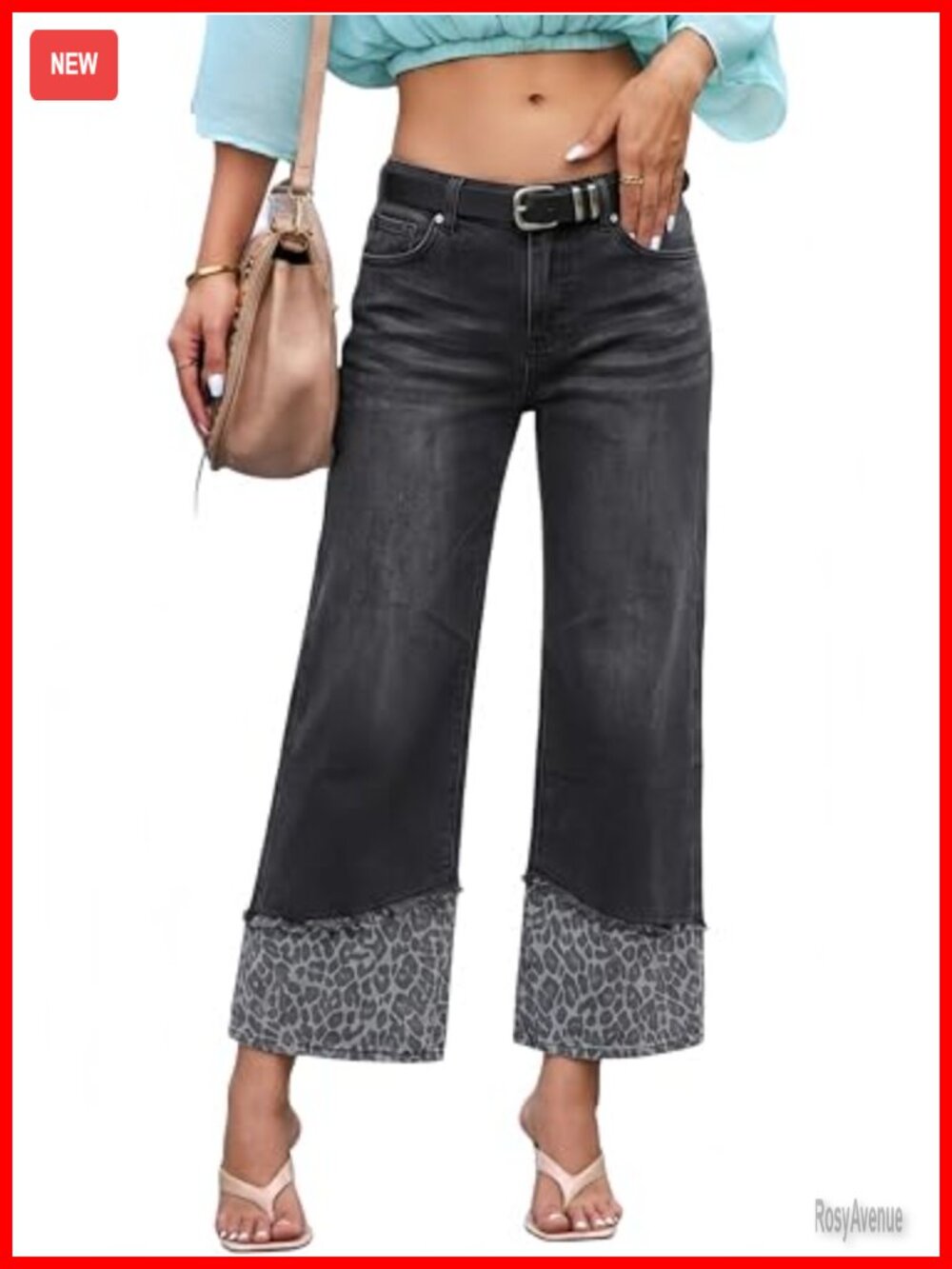 High Waisted Wide Leg Jeans Leopard Print Patchwork Raw Hem Cropped Denim